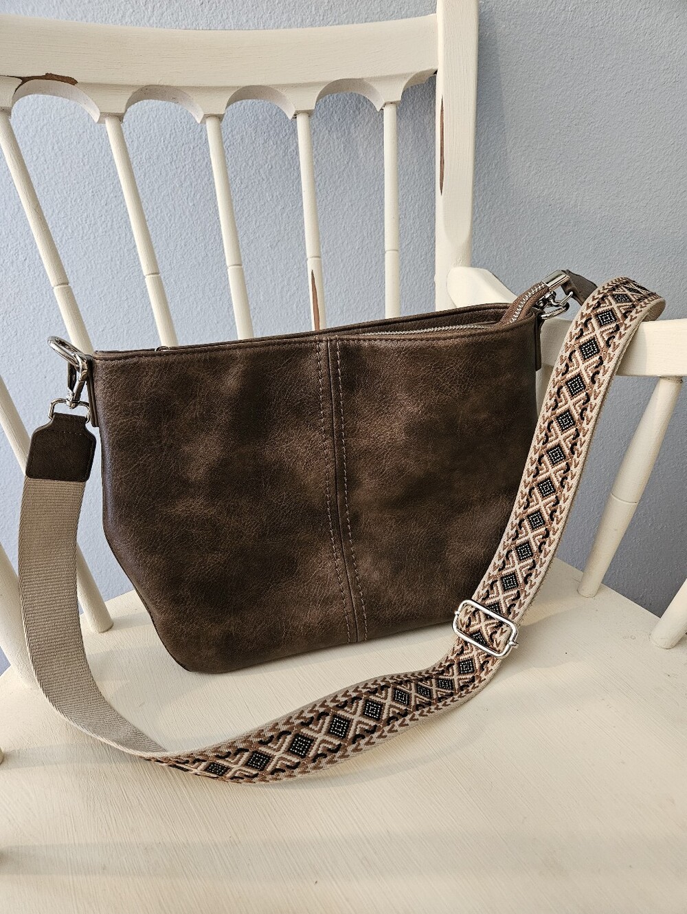 Brown Crossbody Bag with Patterned Adjustable Strap